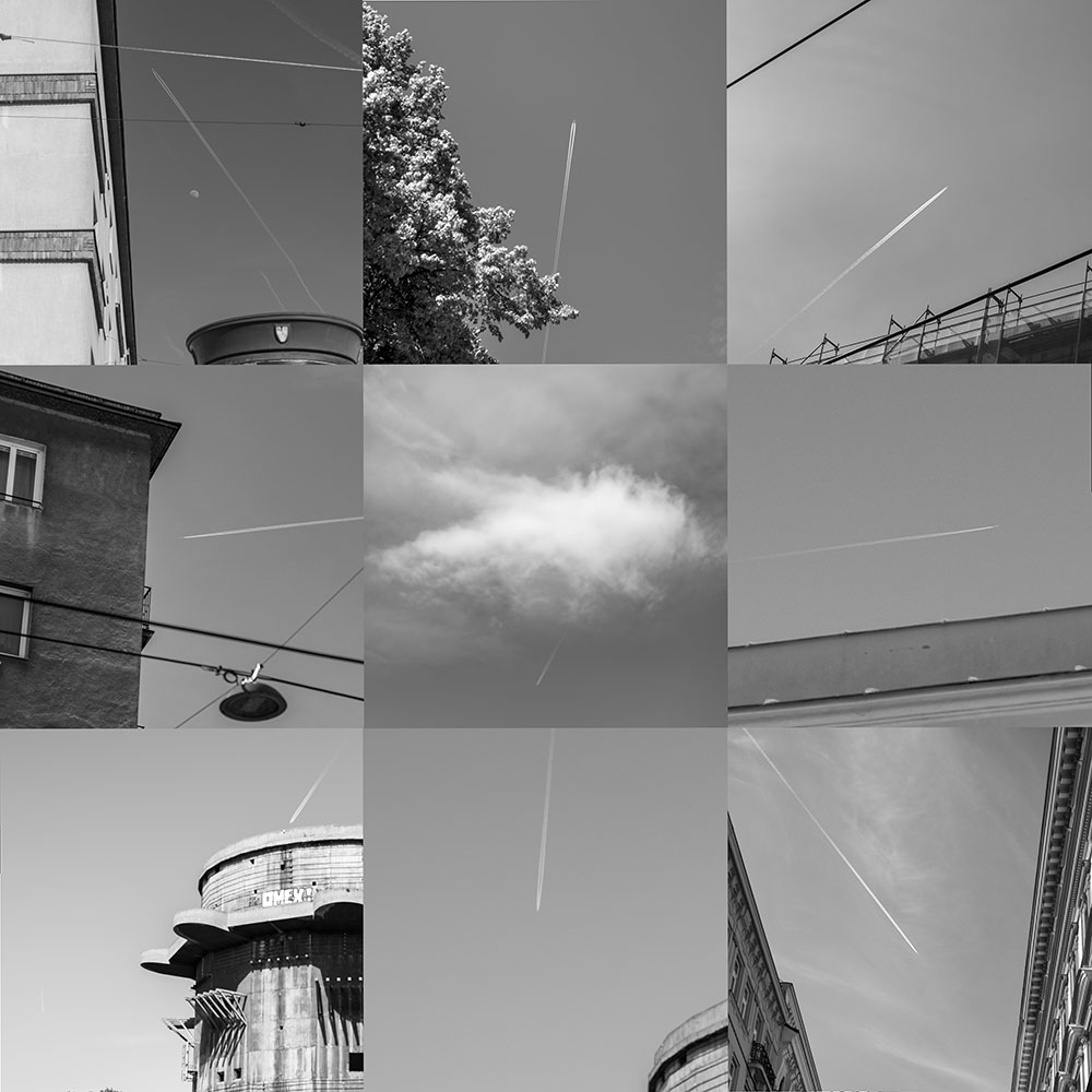 fernweh - Eine Collage mit 9 Bildern. In der Mitte eine Wolke. Rundherum Bilder in denen Flieger im Himmerl in jede Richtung von der Wolke weg fliegen.